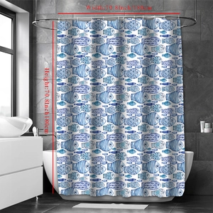 Watercolour blue fish pattern shower curtain in 180x180cm size for modern bathroom