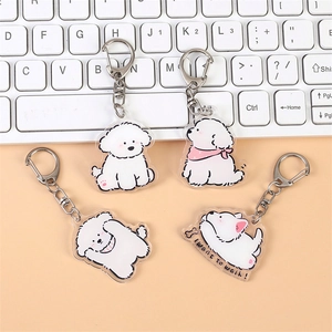 Porte-clés chien Bichon en acrylique double face avec motifs de dessins animés et fermoir argent