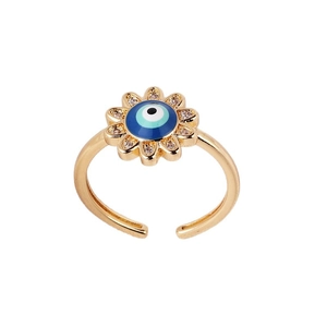Minimalist gold plated open ring with blue evil eye flower and cubic zirconia accents