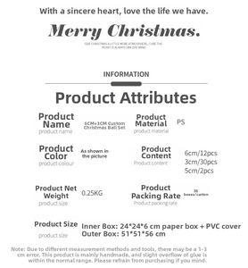 Detailed product specifications table for 44-piece painted Christmas ball ornament sets