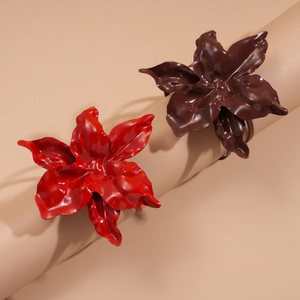 Exaggerated double layer painted flower open arm cuff bracelet in red and dark brown