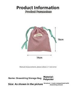 Polyester drawstring pouch with red and white plaid pattern and size 16x14cm details