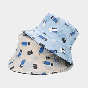 Cartoon pencil pattern cotton bucket hat in light blue and beige with stationery print