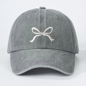Washed grey cotton baseball cap with white bow embroidery for outdoor sun protection