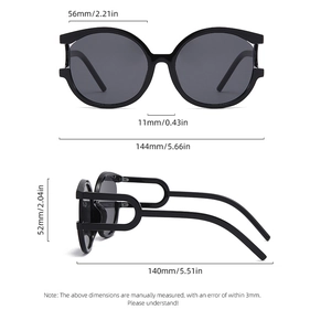 Detailed dimension guide for black round sunglasses showing frame width and temple length