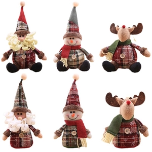 Set of 6 Christmas plush ornaments featuring Santa, Snowman and Reindeer with plaid patterns
