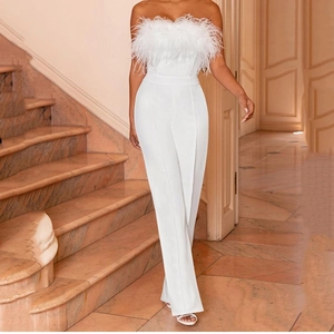 Tuta Senza Spalline Da Donna Con Bordo In Piume Vita Alta Gamba Larga Schiena Scoperta Sexy Party Estate Elegante