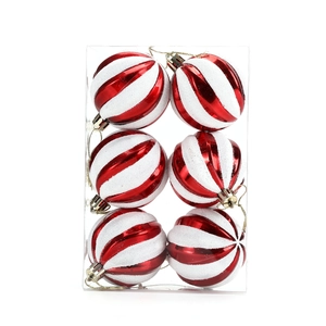 6-piece set of red and white striped Christmas ball ornaments with gold hanging strings