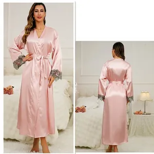 Pink satin nightgown with floral lace cuffs and waist tie for a stylish home look