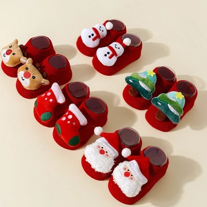 Christmas themed baby floor socks with 3D cartoon reindeer and Santa Claus designs