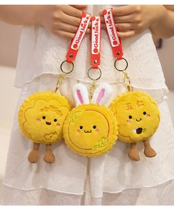 Detailed plush rabbit mooncake keychains with Good Luck strap and metallic buckle