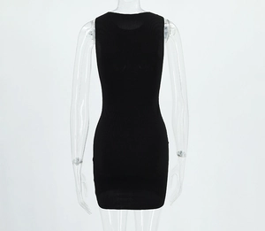 Rear view of tight black sleeveless dress showing vertical ribbed knit texture detail