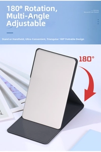 Close-up of portable tri-fold makeup mirror with black PU leather cover and 180 degree rotation
