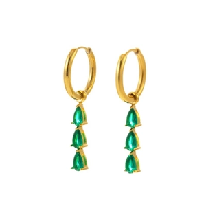 Golden geometric hoop earrings featuring three cascading green teardrop crystals