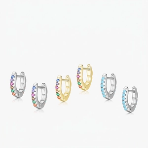 Boucles D'oreilles Huggie Hoop En Argent Sterling 925 Avec Zircon Coloré Turquoise Mini Petits Bijoux Géométriques Pour Femmes