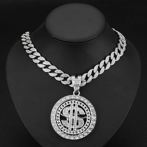 Silver-tone hip-hop spinning dollar sign pendant with full rhinestone cuban chain