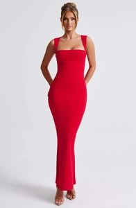 Close-up of red square neck maxi dress featuring elegant draped chest detailing