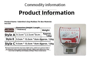 Detailed dimensions and weight of Valentine mailbox tin box measuring 13.5x9.5x8cm