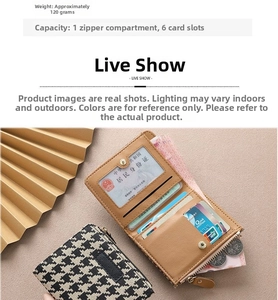Detail view of mini wallet showing 6 card slots, zipper pocket and photo window