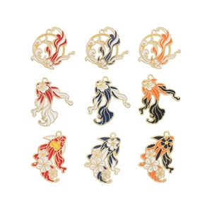 Detailed grid of nine colorful koi fish enamel pendants with gold-plated metal edges