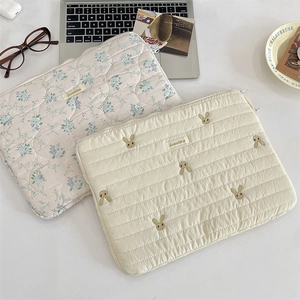 Detail of quilted floral and rabbit embroidery tablet sleeve with premium zipper