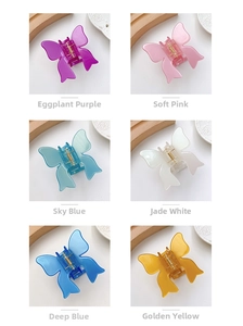 Detailed grid view of butterfly hair claws in six colors with matte resin finish
