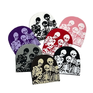 Knit beanie collection featuring unique skull jacquard patterns in various vibrant colors