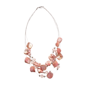 Multilayer beaded necklace with irregular pink shells and clear faceted beads for beach style