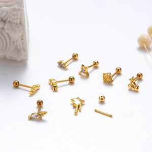 Golden stainless steel stud earrings set with zircon shapes and screw ball backings