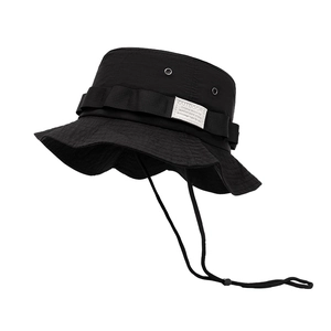 Quick-dry black outdoor sun hat with tactical webbing and adjustable windproof strap