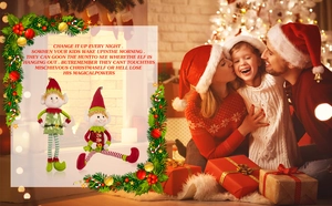 Christmas elf plush dolls with long legs used as festive home decor near a cozy fireplace