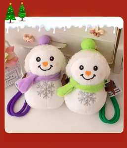 Detail of plush snowman charms with purple and green scarves and snowflake embroidery