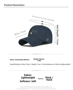 Detail view of navy cotton baseball cap with NY embroidery and adjustable strap size specs