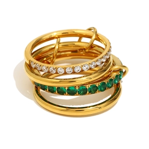 Elegant 18K gold-plated stainless steel four-layer ring set with green and white gems