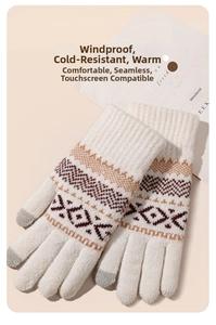 Detail showing knit winter gloves with touch screen tips and Nordic jacquard pattern