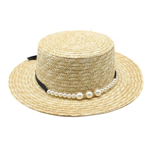 Women Natural Wheat Straw Boater Hat With Faux Artificial Pearls Ribbon Wide Brim Sun Protection French Retro Style