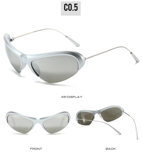 Silver futuristic cat eye sports sunglasses showing 45-degree front and back view details