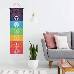 Vertical mandala tapestry with seven colorful chakra symbols for wall decor