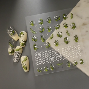 3D embossed nail art stickers featuring green lily of the valley and pearl patterns