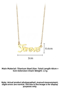 Macro detail of gold-plated titanium steel necklace showing the Forever script pendant