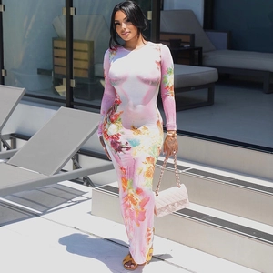 Floral print long sleeve bodycon maxi dress with artistic silhouette pattern