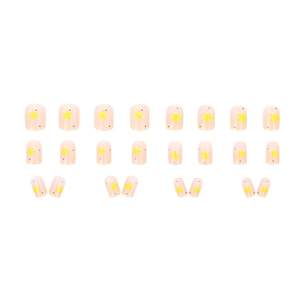 Short square pink press-on nails with yellow star patterns and red dots 24pcs set