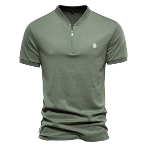 Close-up of army green cotton t-shirt fabric texture and half-zip V-neck detail