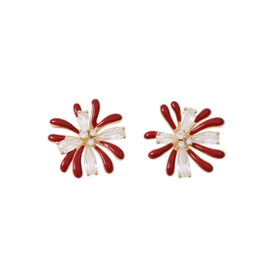 18k gold plated floral stud earrings with red enamel and zircon stones on white background