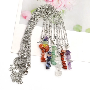 Natural agate stone chip necklace with silver chain featuring colorful crystal pendants