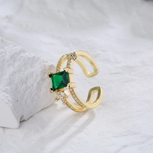 Minimalist 18K gold plated open ring with square green gemstone and zircon accents