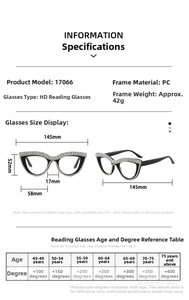 Detailed size chart for cat eye reading glasses with frame dimensions and age guide