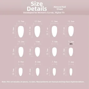 Detailed size chart for almond shaped press-on nails with specific length and width dimensions