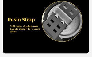 Detail of soft black resin watch strap featuring a secure double-row buckle design