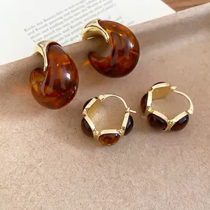 Retro Amber Resin Hoop Earrings With 925 Sterling Silver Earring Post French Vintage Geometric C-Shape Jewelry For Women
